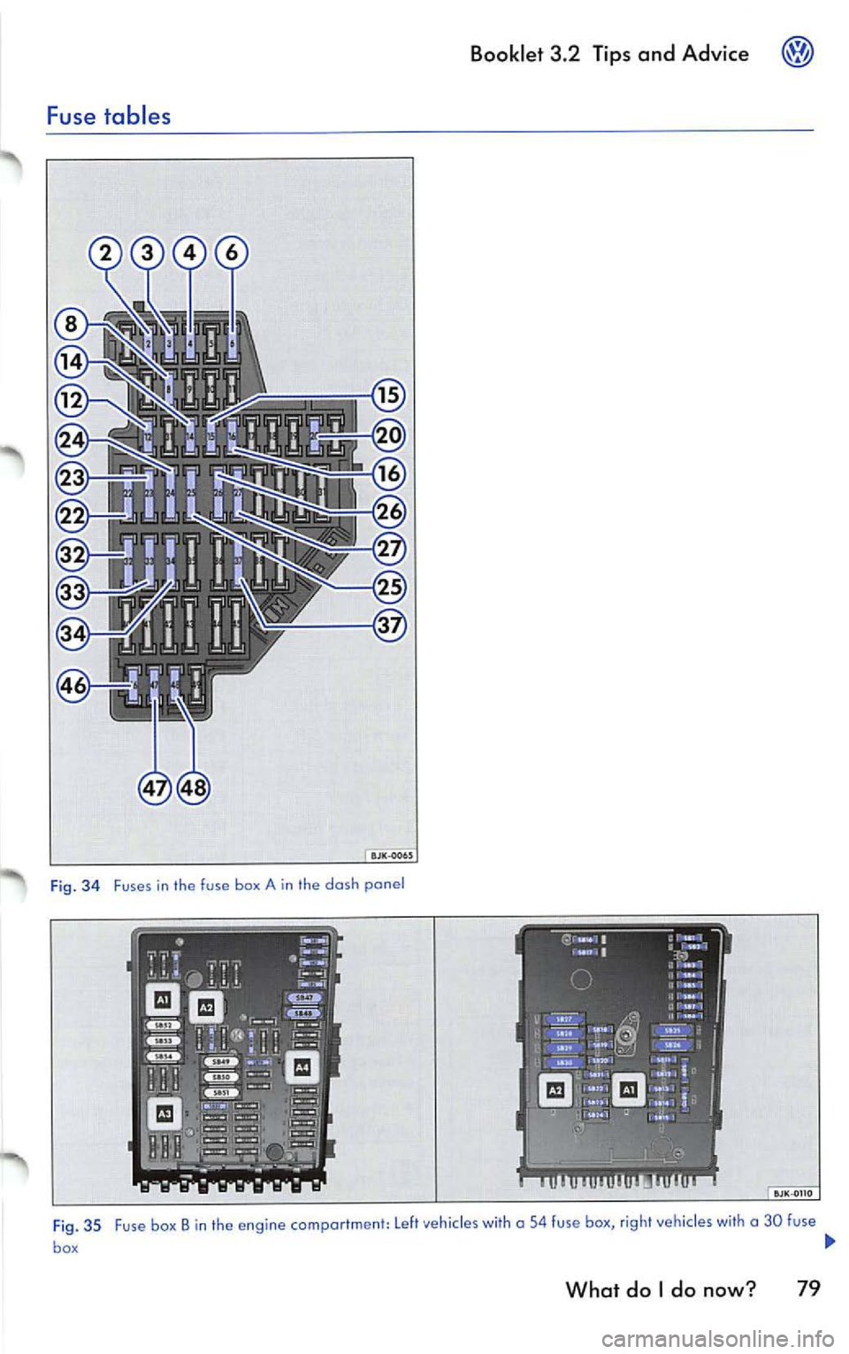 VOLKSWAGEN JETTA 2010 Owners Manual Booklet 3.2 Tip s and Adv ice
Fuse tables
Fi g. 34 Fuses in the fuse box A in the dash panel
Fi g. 35 F use box Bin the engine comportment: Left vehicles w ith a 54 fuse box , ri VOLKSWAGEN JETTA 2010 Owners Manual Booklet 3.2 Tip s and Adv ice
Fuse tables
Fi g. 34 Fuses in the fuse box A in the dash panel
Fi g. 35 F use box Bin the engine comportment: Left vehicles w ith a 54 fuse box , ri