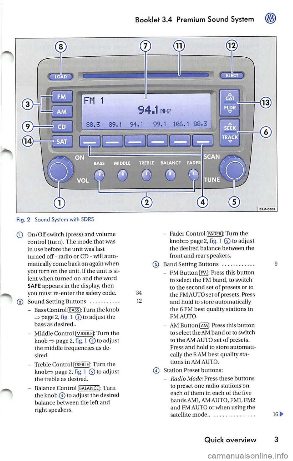 VOLKSWAGEN JETTA 2010  Owners Manual Fig . 2  Sound  System with  SDRS 
On/Off  switch  (pr ess)  and volume Fader  Control (FADER I: Tu rn the 
c ontrol  (turn ). The  mode  that  was page  2, 1 to adjust 
in  use  befor e  the  unit  w