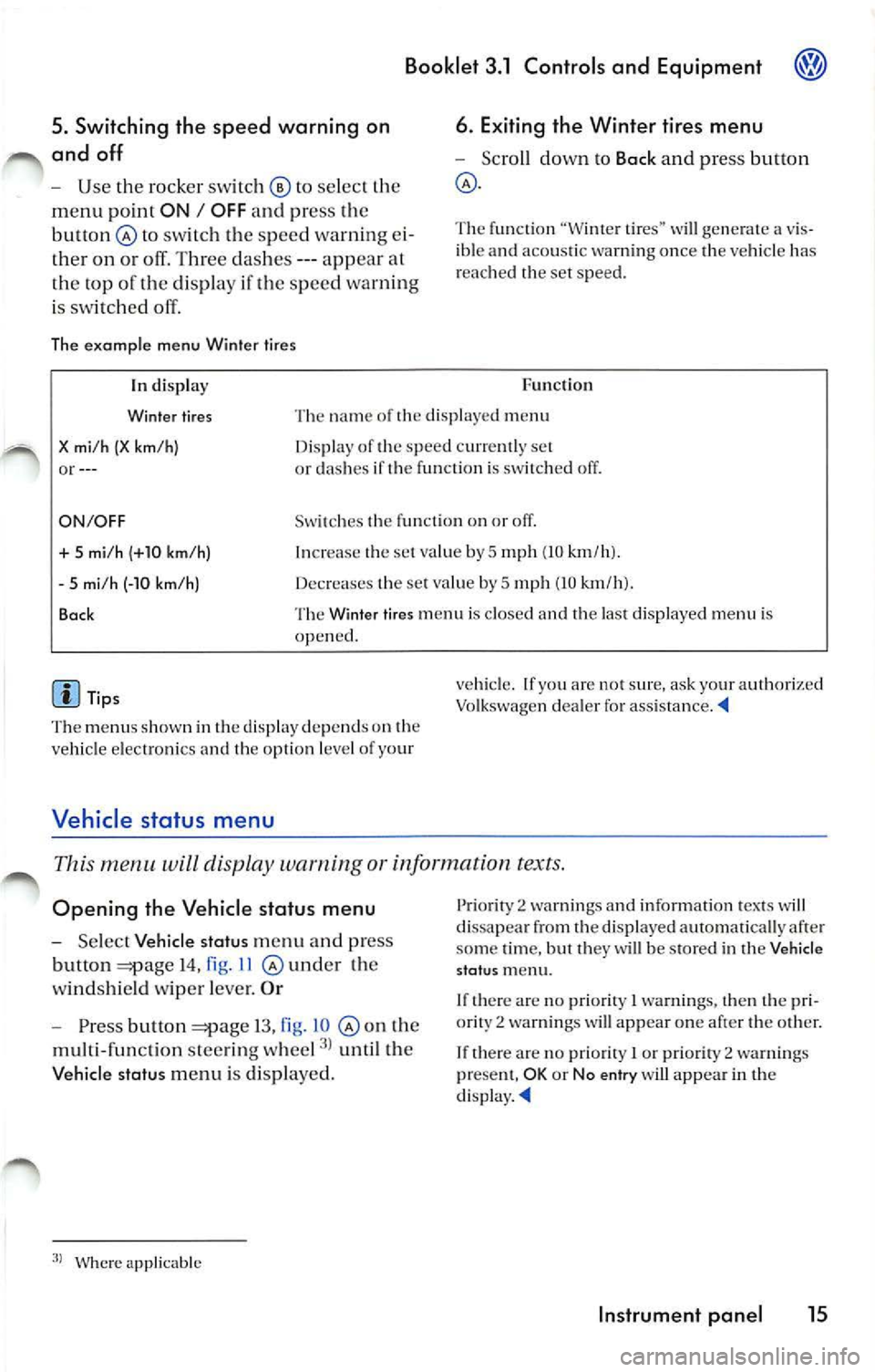 VOLKSWAGEN JETTA 2009  Owners Manual Booklet  3.1  Controls  and Equipment 
5.  Switching  th e  spee d  warning  on 
and  off 
U se  the ro cker  switc h ©  to select 
m enu  point  ON I OFF an d  pr ess th e 
bu tton @ 
sw itc h  th e