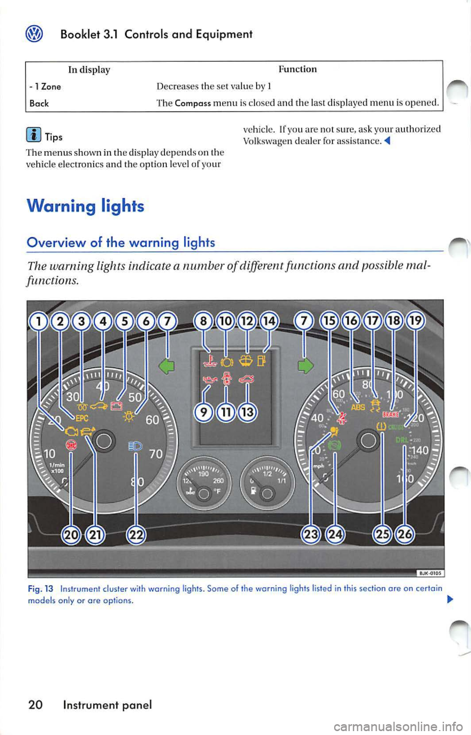 VOLKSWAGEN JETTA 2009 Owners Manual ® Booklet 3.1 Controls and Equipment
In display Function
-1 Z
one
Ba ck Dec
reases the se t va lue by I
Th e Compass m enu is cl osed and the last displayed menu is ope ned.
Tips VOLKSWAGEN JETTA 2009 Owners Manual ® Booklet 3.1 Controls and Equipment
In display Function
-1 Z
one
Ba ck Dec
reases the se t va lue by I
Th e Compass m enu is cl osed and the last displayed menu is ope ned.
Tips