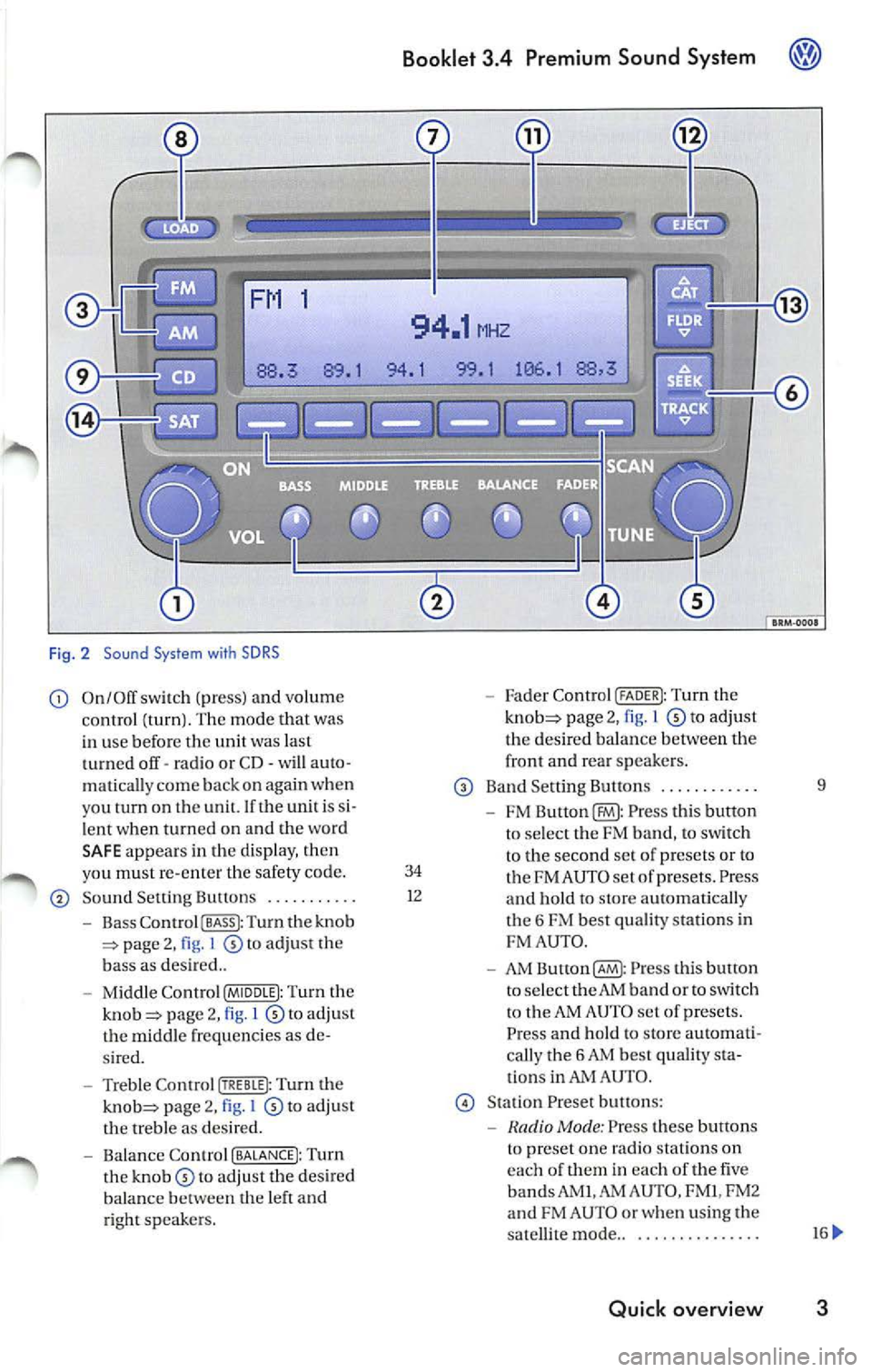 VOLKSWAGEN JETTA 2009 Owners Manual Fig . 2 Sound System with SDRS
On/Off switch (pr ess) and volume Fader Control (FADER I: Tu rn the
c ontrol (turn ). The mode that was page 2, 1 to adjust
in use befor e the unit w VOLKSWAGEN JETTA 2009 Owners Manual Fig . 2 Sound System with SDRS
On/Off switch (pr ess) and volume Fader Control (FADER I: Tu rn the
c ontrol (turn ). The mode that was page 2, 1 to adjust
in use befor e the unit w