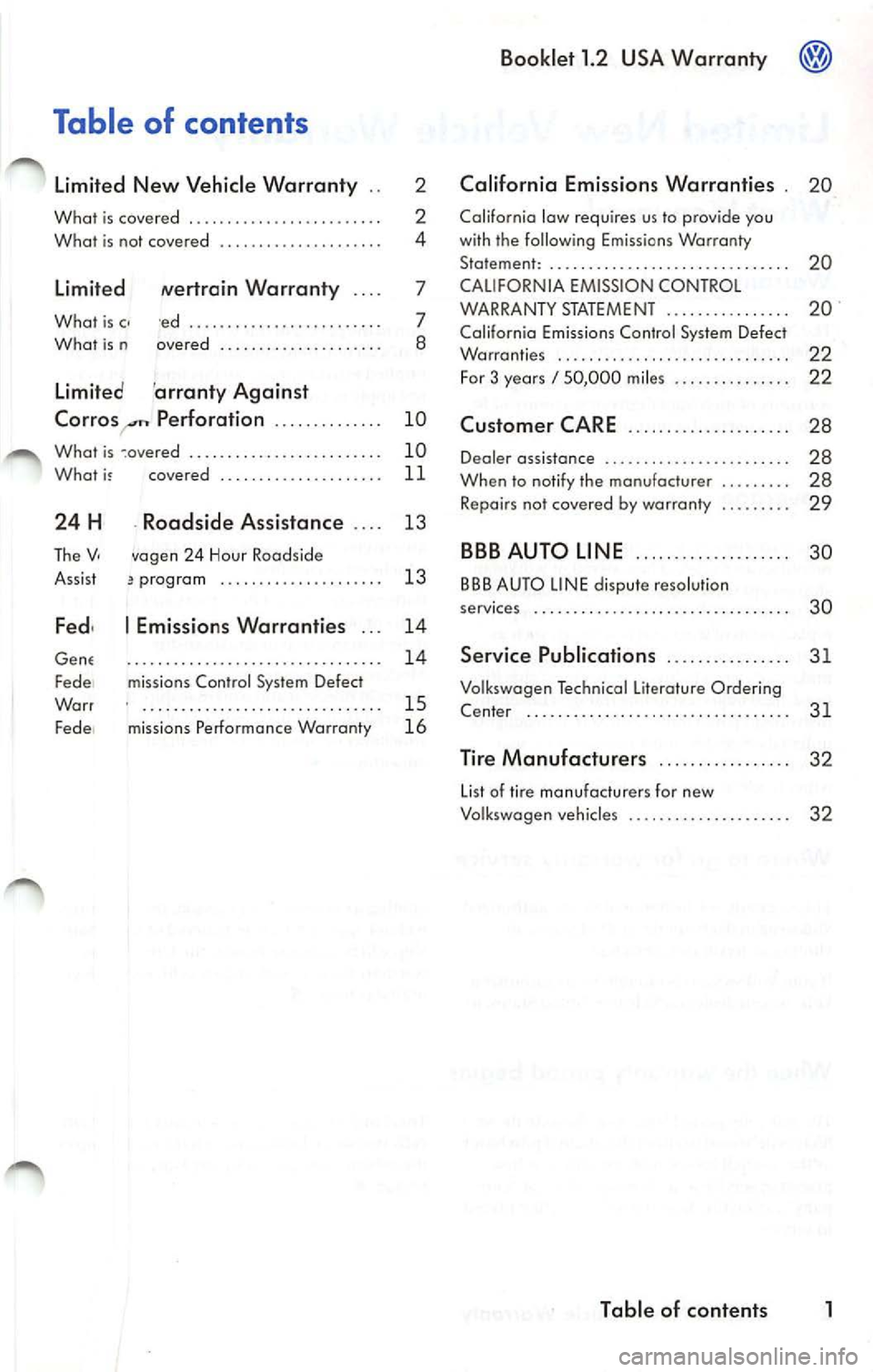VOLKSWAGEN JETTA 2009 Service Manual Table of contents
Limited New Vehicle Warranty . . 2
What is covered . . . . . . . . . . . . . . . . . . . . . . . . . 2
What is not covered . . . . . . . . . . . . . . . . VOLKSWAGEN JETTA 2009 Service Manual Table of contents
Limited New Vehicle Warranty . . 2
What is covered . . . . . . . . . . . . . . . . . . . . . . . . . 2
What is not covered . . . . . . . . . . . . . . . .