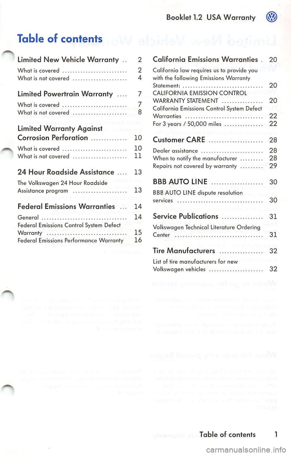 VOLKSWAGEN JETTA 2009 Manual Online Table of contents
Limited New Vehicle Warranty . . 2
What is covered . . . . . . . . . . . . . . . . . . . . . . . . . 2
What is not covered . . . . . . . . . . . . . . . . . . VOLKSWAGEN JETTA 2009 Manual Online Table of contents
Limited New Vehicle Warranty . . 2
What is covered . . . . . . . . . . . . . . . . . . . . . . . . . 2
What is not covered . . . . . . . . . . . . . . . . . .