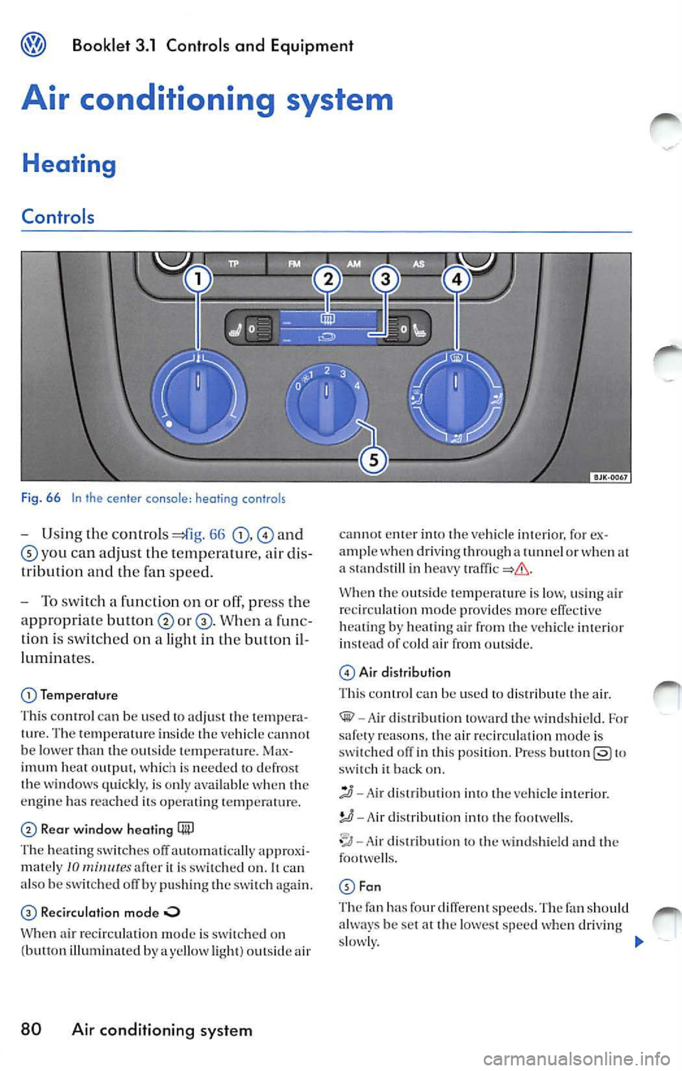 VOLKSWAGEN JETTA 2008  Owners Manual Booklet  3.1  Controls  and  Equipment 
Air  conditioning  system 
Heating 
Controls 
Fig.  66  In the  ce nter  c onsol e: heo ting  control s 
-Using  the control s 66 and 
yo u ca n adju st  th e t