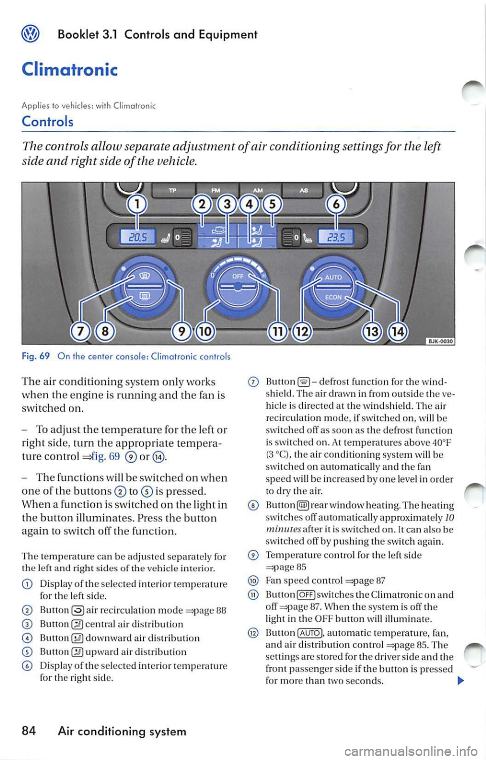 VOLKSWAGEN JETTA 2008  Owners Manual Booklet 3.1  Controls and  Equipment 
Climatronic 
Applies  to vehicl es : with  Climotronic 
Controls 
controls  a llow  sepa rate adjustm ent  of conditioning  settings for left 
side  and  right  s