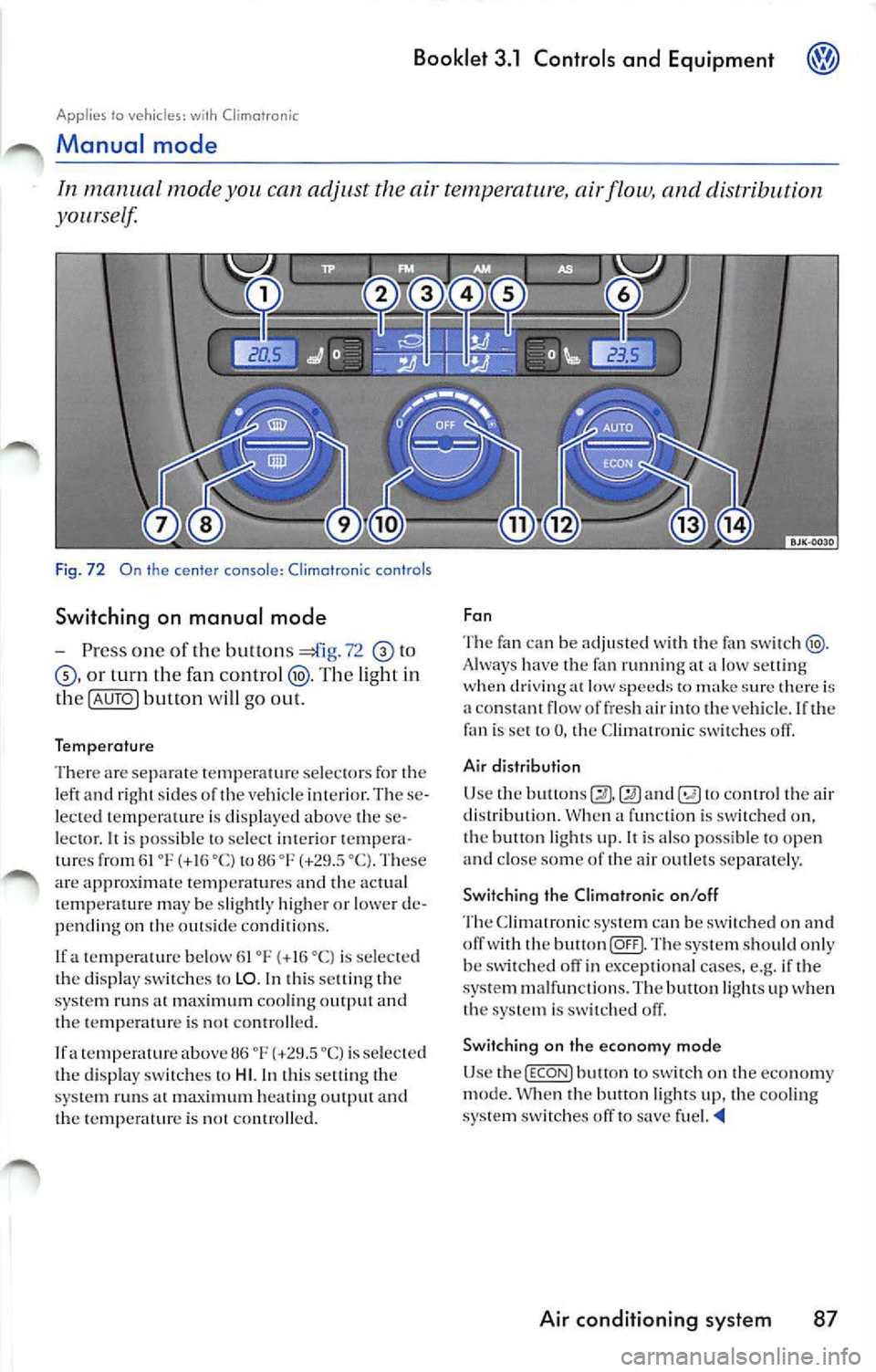 VOLKSWAGEN JETTA 2008  Owners Manual Booklet 3.1  Controls  and  Equipment 
Applies to vehicles: Climofronic 
Manual  mode 
In man ual  mode you.  can temperature,  airfl ow, and  distribution 
yourself 
Fi g.  7 2 On  the  center  conso