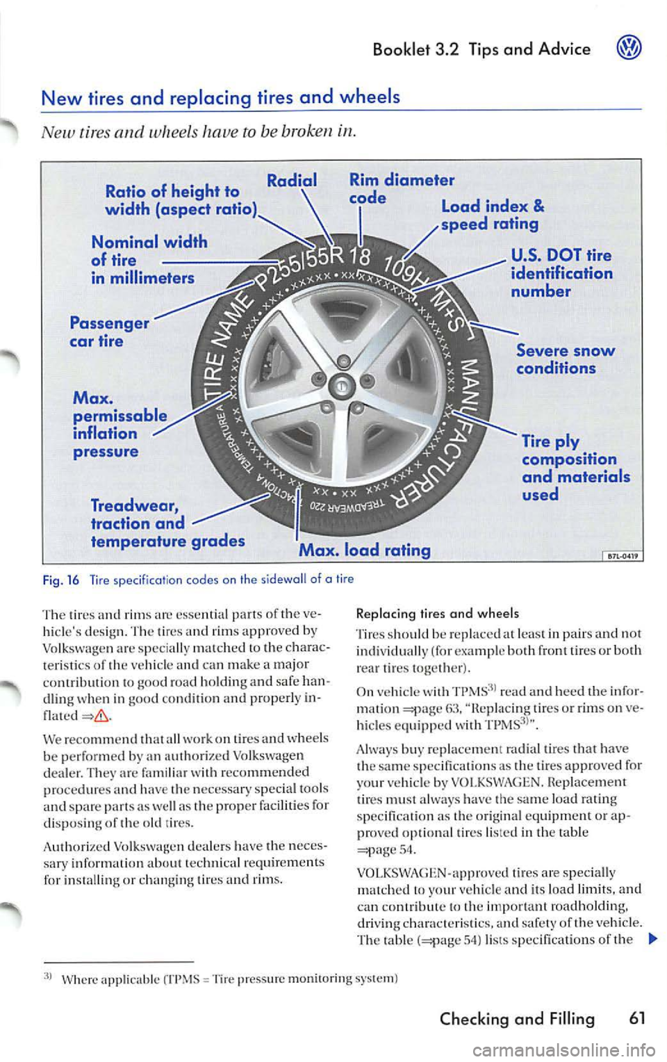 VOLKSWAGEN JETTA 2008 Owners Manual Booklet 3 .2 Tip s and Advice
ply
Max . load rating composition
and mater
ials
used
Fi g. 16 Tir e spec ifica tion codes on the sid ewa ll of tire
The rires rims es sen tial parts of VOLKSWAGEN JETTA 2008 Owners Manual Booklet 3 .2 Tip s and Advice
ply
Max . load rating composition
and mater
ials
used
Fi g. 16 Tir e spec ifica tion codes on the sid ewa ll of tire
The rires rims es sen tial parts of