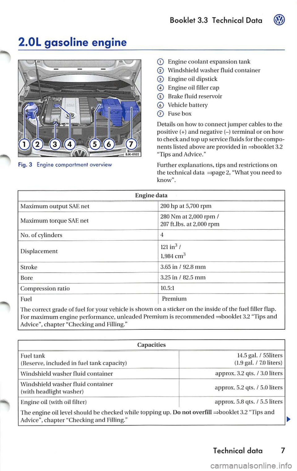 VOLKSWAGEN JETTA 2008  Owners Manual 2.0L  gasoline  engine 
Fig. 3  E ng ine  compor tme nt  ove rv ie w 
Maximum  output  SAE  net 
Maximum  torque  SAE  net 
No . of cylinders 
Dis placement 
S trok e 
Bo re 
Co mpre ssio n ra tio 
F 