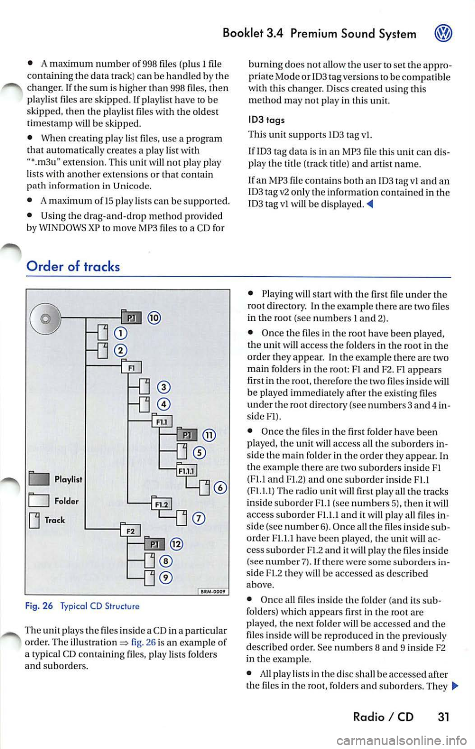 VOLKSWAGEN JETTA 2007 Owners Manual Booklet 3.4 Premium Sound System
• A maxi mum n umber of 998 files (plus l file
containing the data t rack ) can be hand led by the
cha nger. If
sum is higher t han 998 files, VOLKSWAGEN JETTA 2007 Owners Manual Booklet 3.4 Premium Sound System
• A maxi mum n umber of 998 files (plus l file
containing the data t rack ) can be hand led by the
cha nger. If
sum is higher t han 998 files,