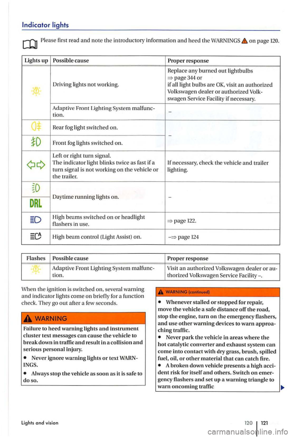 VOLKSWAGEN GOLF PLUS 2012  Owners Manual Please first  read  and  no te  th e im rod uc tory  info rmation a nd  heed th e on page 
Light s up Possible cau se  Proper  re sponse 
any burned  out lightbulb s page 344 or Driving not  worki ng.