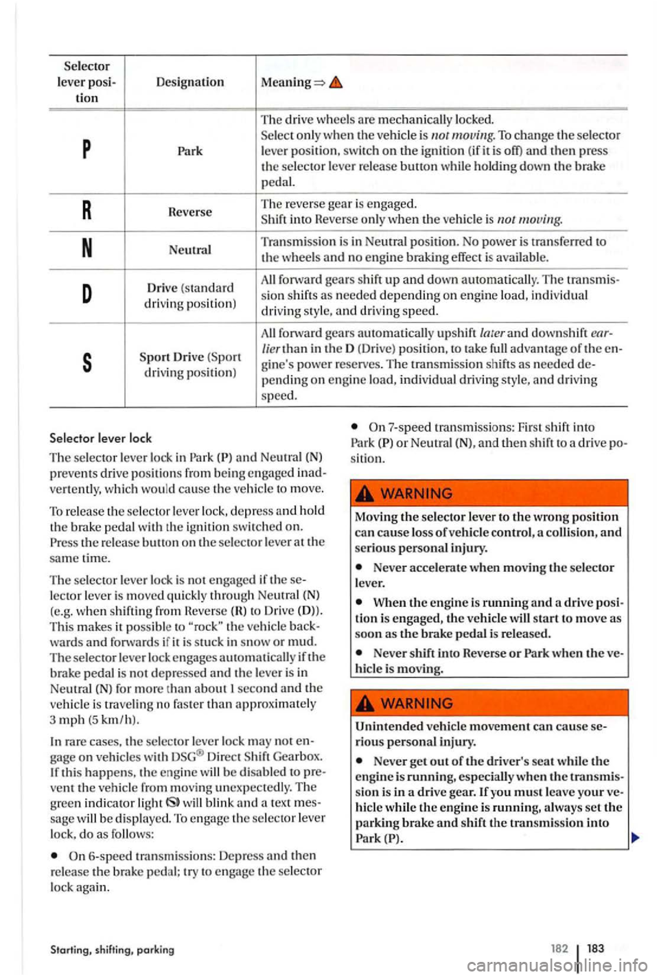 VOLKSWAGEN GOLF PLUS 2012 Owners Manual Selector lever posi- Designation tion
The drive wheels are mecha nica lly locked.
p Se le c t only when the ve hicle is
N Neutral Tran
smissio n i s in Ne utral positi on. No power is tr VOLKSWAGEN GOLF PLUS 2012 Owners Manual Selector lever posi- Designation tion
The drive wheels are mecha nica lly locked.
p Se le c t only when the ve hicle is
N Neutral Tran
smissio n i s in Ne utral positi on. No power is tr