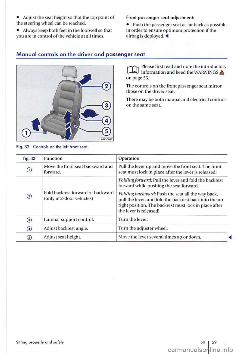 VOLKSWAGEN GOLF PLUS 2012 Workshop Manual Always keep both feet in the foorwell so that
yo u are in co ntrol o f the ve hicl e at all times.
Front passenger seat adjustment:
o n the driver and passenger seat
Fi g. 32 Contro ls on t VOLKSWAGEN GOLF PLUS 2012 Workshop Manual Always keep both feet in the foorwell so that
yo u are in co ntrol o f the ve hicl e at all times.
Front passenger seat adjustment:
o n the driver and passenger seat
Fi g. 32 Contro ls on t