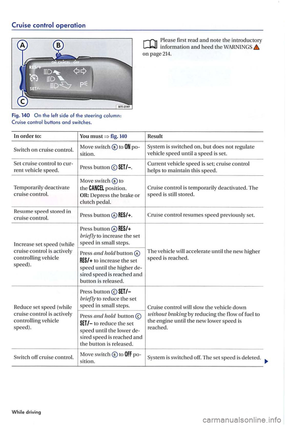VOLKSWAGEN GOLF PLUS 2007 Owners Manual Cruise control operation
Fig.
order to: You fig.
o n cruise control. Move
switch ® to po-
s
it i o n.
c ruise control to cur-button rent ve hicle speed.
Move swi tc h ® to
Temp oraril y VOLKSWAGEN GOLF PLUS 2007 Owners Manual Cruise control operation
Fig.
order to: You fig.
o n cruise control. Move
switch ® to po-
s
it i o n.
c ruise control to cur-button rent ve hicle speed.
Move swi tc h ® to
Temp oraril y