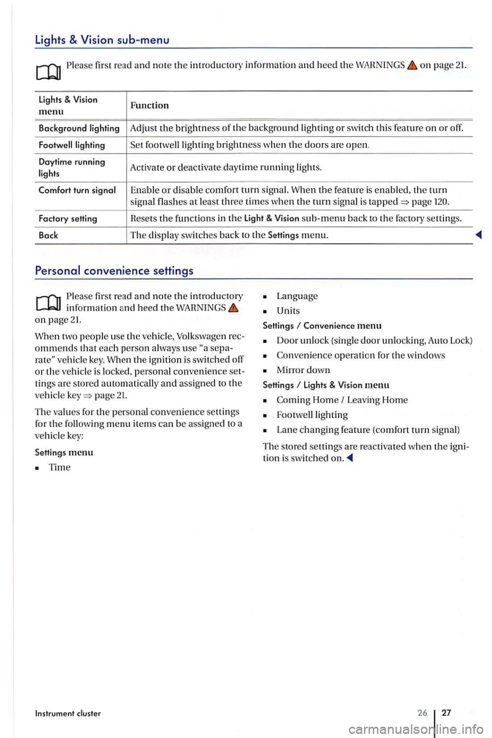 VOLKSWAGEN GOLF PLUS 2006  Owners Manual Lights & sub-menu 
Ple ase first read and note the introductory in formation  and heed the on  page 21. 
lights & Function m enu 
Background Adjust the brightness th e background or swit ch  thi s fea