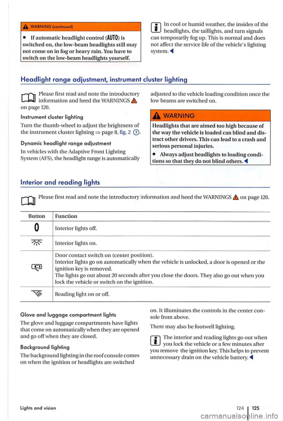 VOLKSWAGEN GOLF PLUS 2004 Owners Manual may not come on in fog or heavy rain. You have to
s witch on the low-beam headlight s yourself.
cool o r h umid weather, th e in sid es of th e headligh ts , a nd turn sign als
can t e mporari VOLKSWAGEN GOLF PLUS 2004 Owners Manual may not come on in fog or heavy rain. You have to
s witch on the low-beam headlight s yourself.
cool o r h umid weather, th e in sid es of th e headligh ts , a nd turn sign als
can t e mporari