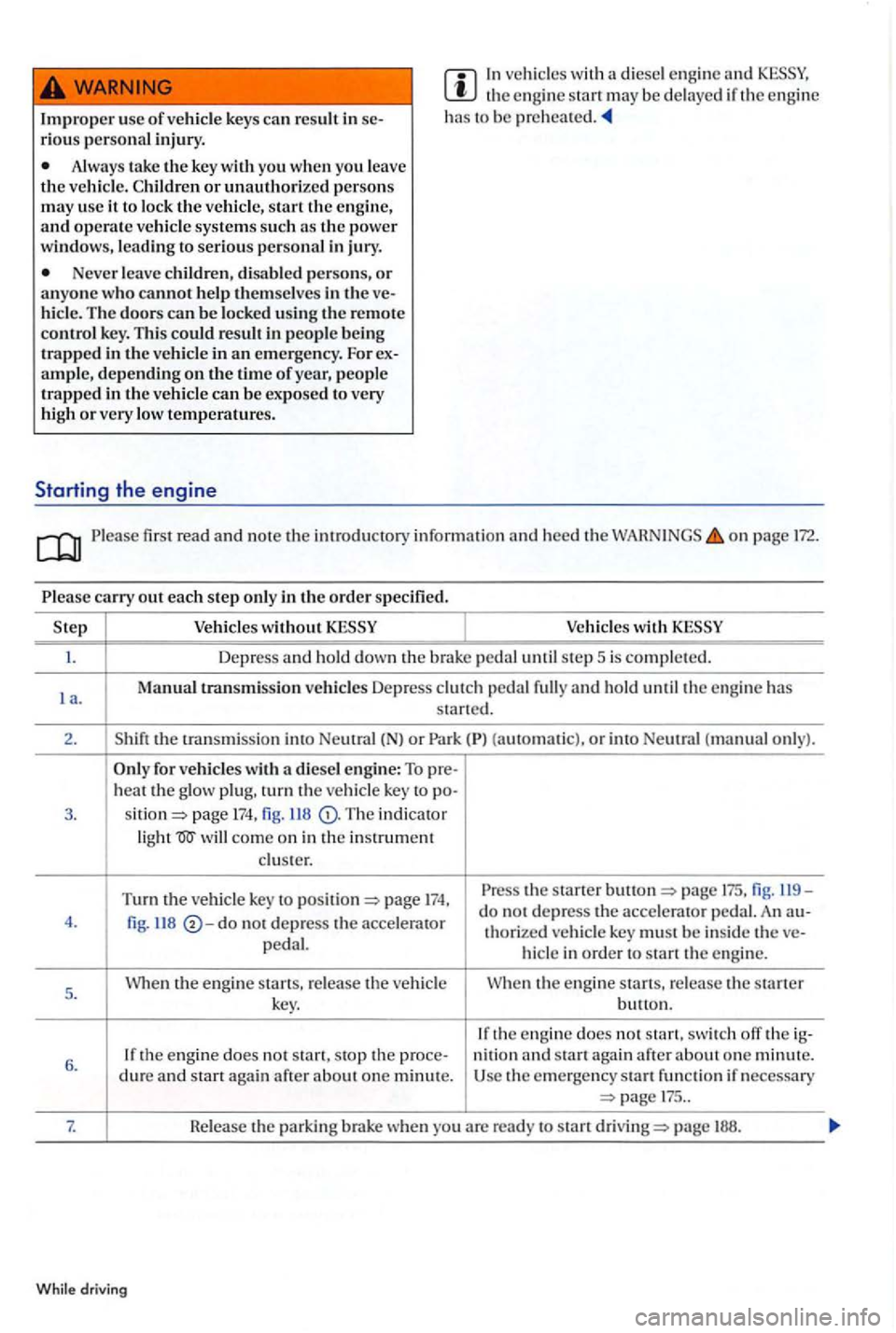 VOLKSWAGEN GOLF PLUS 2004 Owners Manual Improper usc of vehicle keys can res ult in riou s personal injury .
In ve hicl es with a die sel engine and the en g in e s tart may be de laye d if the e ngine has to be pre hea te d.
Al VOLKSWAGEN GOLF PLUS 2004 Owners Manual Improper usc of vehicle keys can res ult in riou s personal injury .
In ve hicl es with a die sel engine and the en g in e s tart may be de laye d if the e ngine has to be pre hea te d.
Al