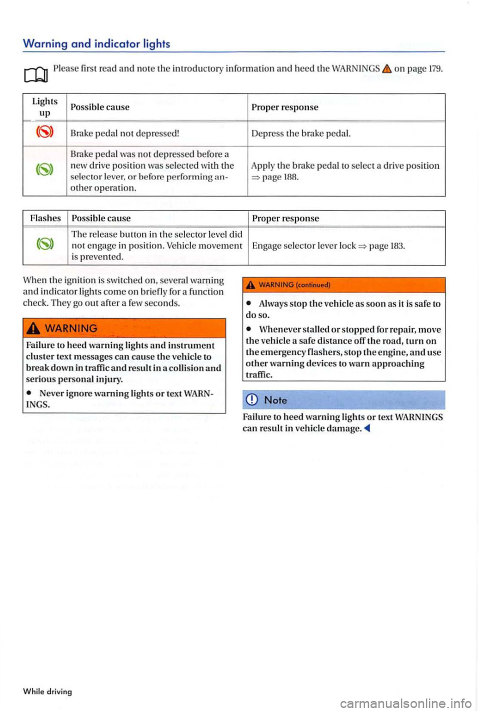 VOLKSWAGEN GOLF PLUS 2004  Owners Manual Warning and indicator 
Please  fir st r ead and not e th e int rod uc tory informatio n and heed  th e on  pag e  179. 
Light s 
Possibl e cause up 
Brak e pedal not d ep ressed! 
Brake  pedal w as  n