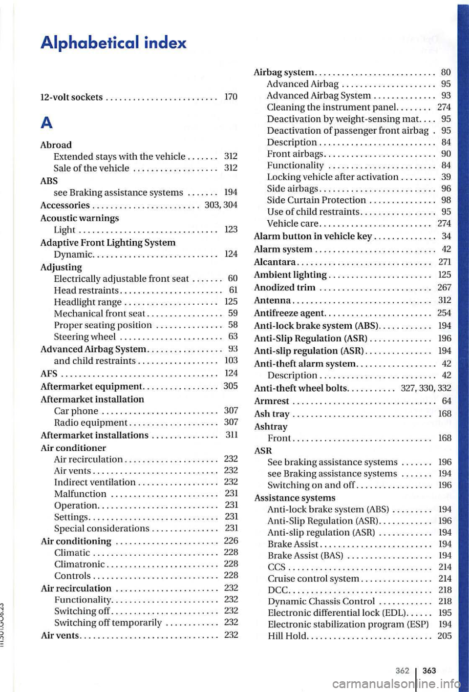 VOLKSWAGEN GOLF PLUS 2004 Owners Manual . . . . . . . . . . . . .
A
Abroad
Extended stays with th e vehicle . . . . . . . 312
Sale of the vehicle ................... 312
see Braking assistance systems . . . . . . . 194
Access VOLKSWAGEN GOLF PLUS 2004 Owners Manual . . . . . . . . . . . . .
A
Abroad
Extended stays with th e vehicle . . . . . . . 312
Sale of the vehicle ................... 312
see Braking assistance systems . . . . . . . 194
Access