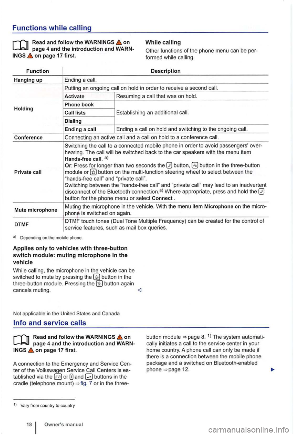 VOLKSWAGEN GOLF PLUS 2004 Owners Manual Functions
on page 4 and th e introduction and on page 17 first.
Fu n
ction
Hanging up Ending a call.
While
functions of the phone menu can be calling.
D
escr iptio n
Putting
an ongoing VOLKSWAGEN GOLF PLUS 2004 Owners Manual Functions
on page 4 and th e introduction and on page 17 first.
Fu n
ction
Hanging up Ending a call.
While
functions of the phone menu can be calling.
D
escr iptio n
Putting
an ongoing