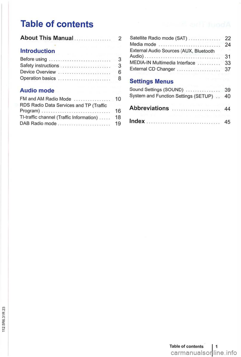 VOLKSWAGEN GOLF PLUS 2004 Owners Manual .......... 2
Before using ....................... 3
instructions ..... 3
Devi ce Overview .. ..
6
Operation basics ... .
8
Audio mode
FM and AM Radio Mode . . . . . . . . . . . . . VOLKSWAGEN GOLF PLUS 2004 Owners Manual .......... 2
Before using ....................... 3
instructions ..... 3
Devi ce Overview .. ..
6
Operation basics ... .
8
Audio mode
FM and AM Radio Mode . . . . . . . . . . . . .