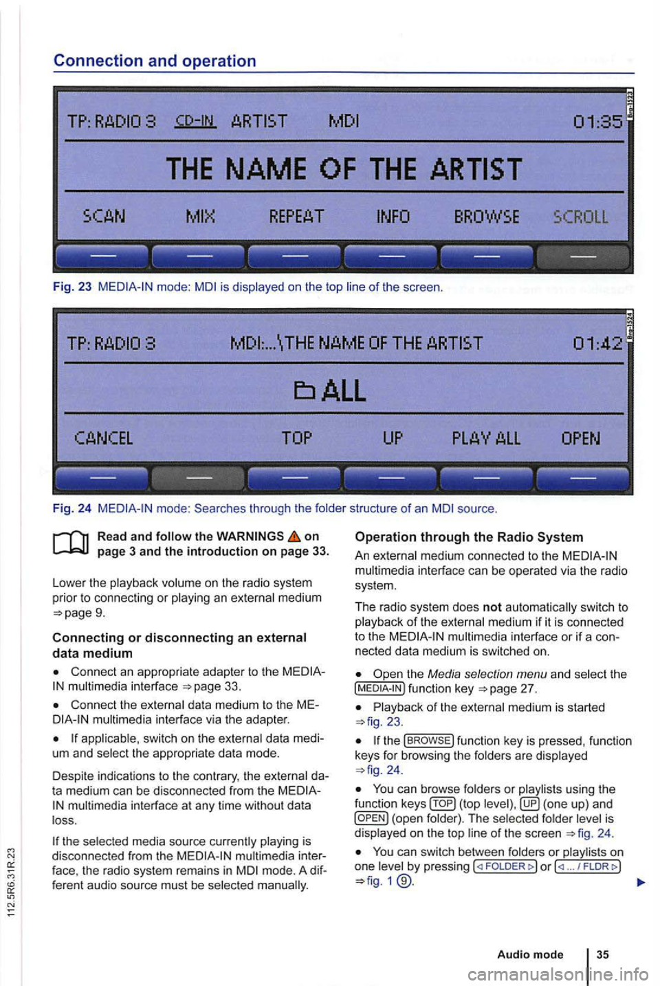 VOLKSWAGEN GOLF PLUS 2004  Owners Manual Connection and operation 
TP: 
SCROLL 
--- --- --- --- --- ---
Fig.  23 mode: is  displayed  on the  top of the  scree n. 
... \THE NAME 
------------------
Fi g. 24 through  the folde r structure of 