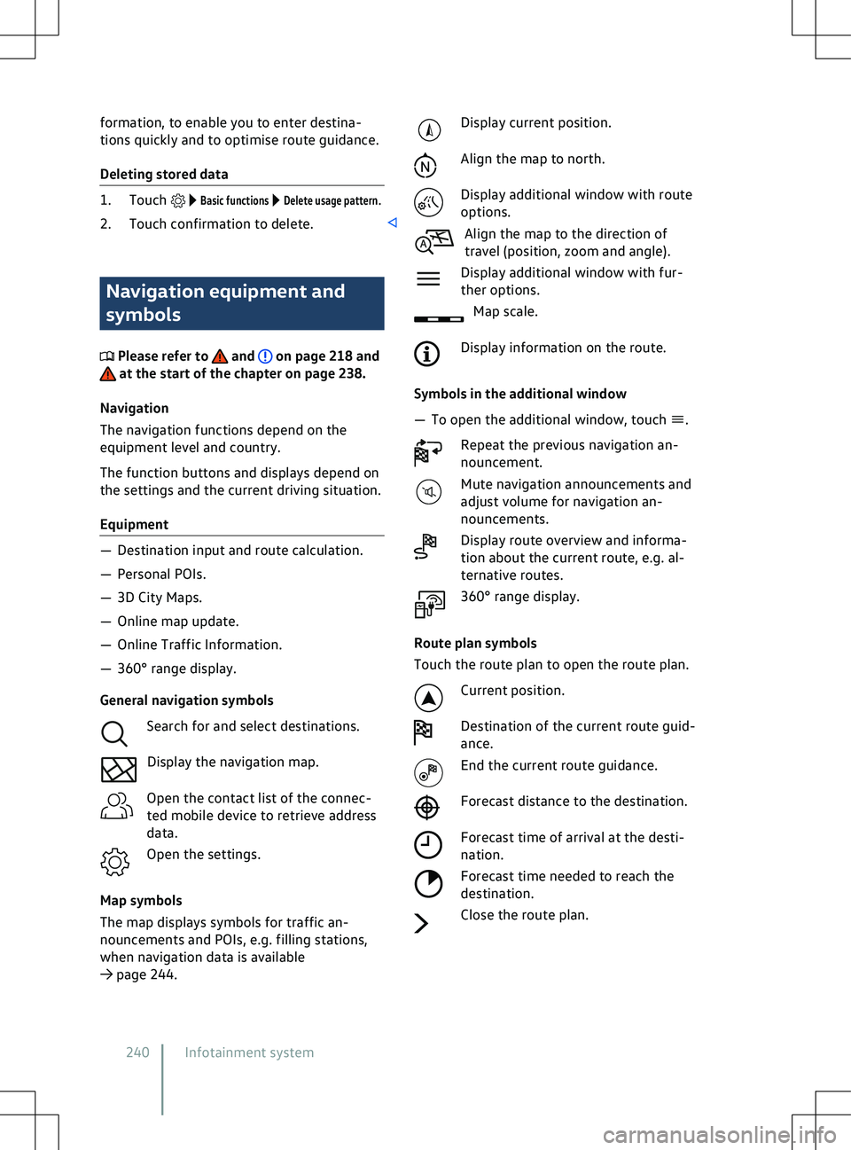 VOLKSWAGEN ID.5 2022  Owners Manual formation, to enable you to enter destina-
tions quickly and to optimise route guidance.
Deleting stored data
   Basic functions   Delete usage pattern.
2. Touch confirmation to delete. Navigation equ