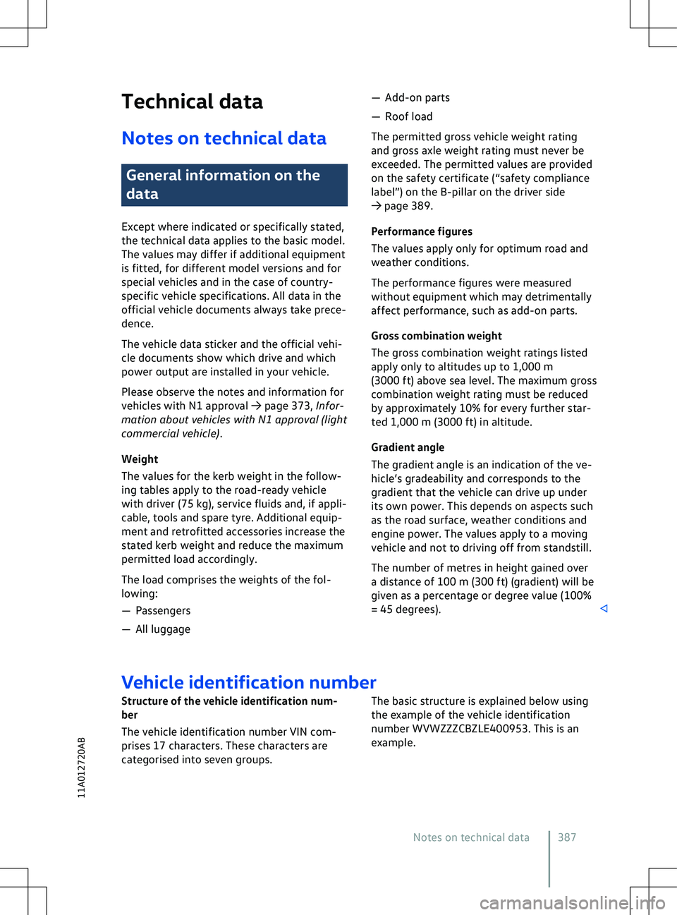 VOLKSWAGEN ID.5 2022  Owners Manual Technical data
Notes on technical data General information on the
data
Ex
cept where indicated or specifically stated,
the technical data applies to the basic model.
The values may differ if additiona