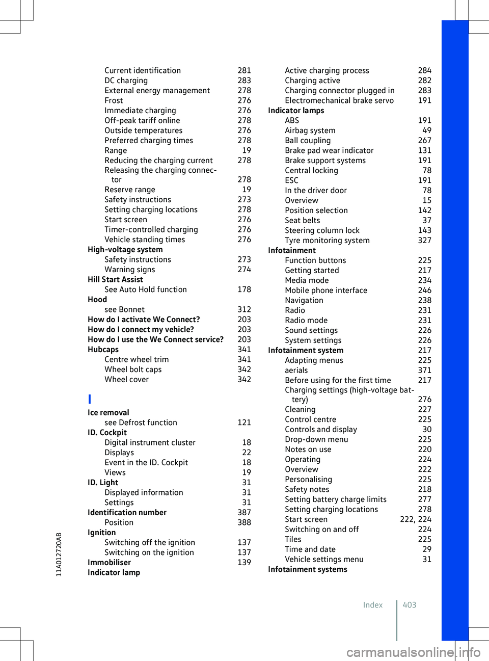 VOLKSWAGEN ID.5 2022  Owners Manual Current identification
281
DC charging 283
External energy management 278
Frost 276
Immediate charging 276
Off-peak tariff online 278
Outside temperatures 276
Preferred charging times 278
Range 19
Red