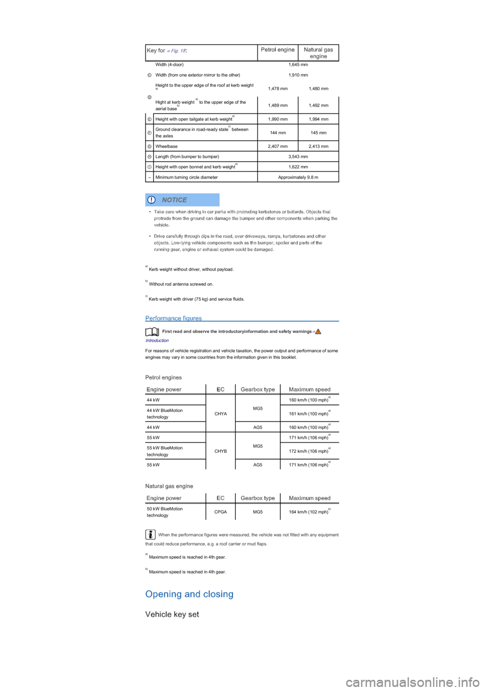 VOLKSWAGEN UP! 2022  Owners Manual Key for ⇒ Fig. 15:Petrol engineNatural gas 
engine
Width (4-dooryf1,645 mm
ⒸWidth (from one exterior mirror to the otheryf1,910 mm
Ⓓ
Height to the upper edge of the roof at kerb weight 1,478 m