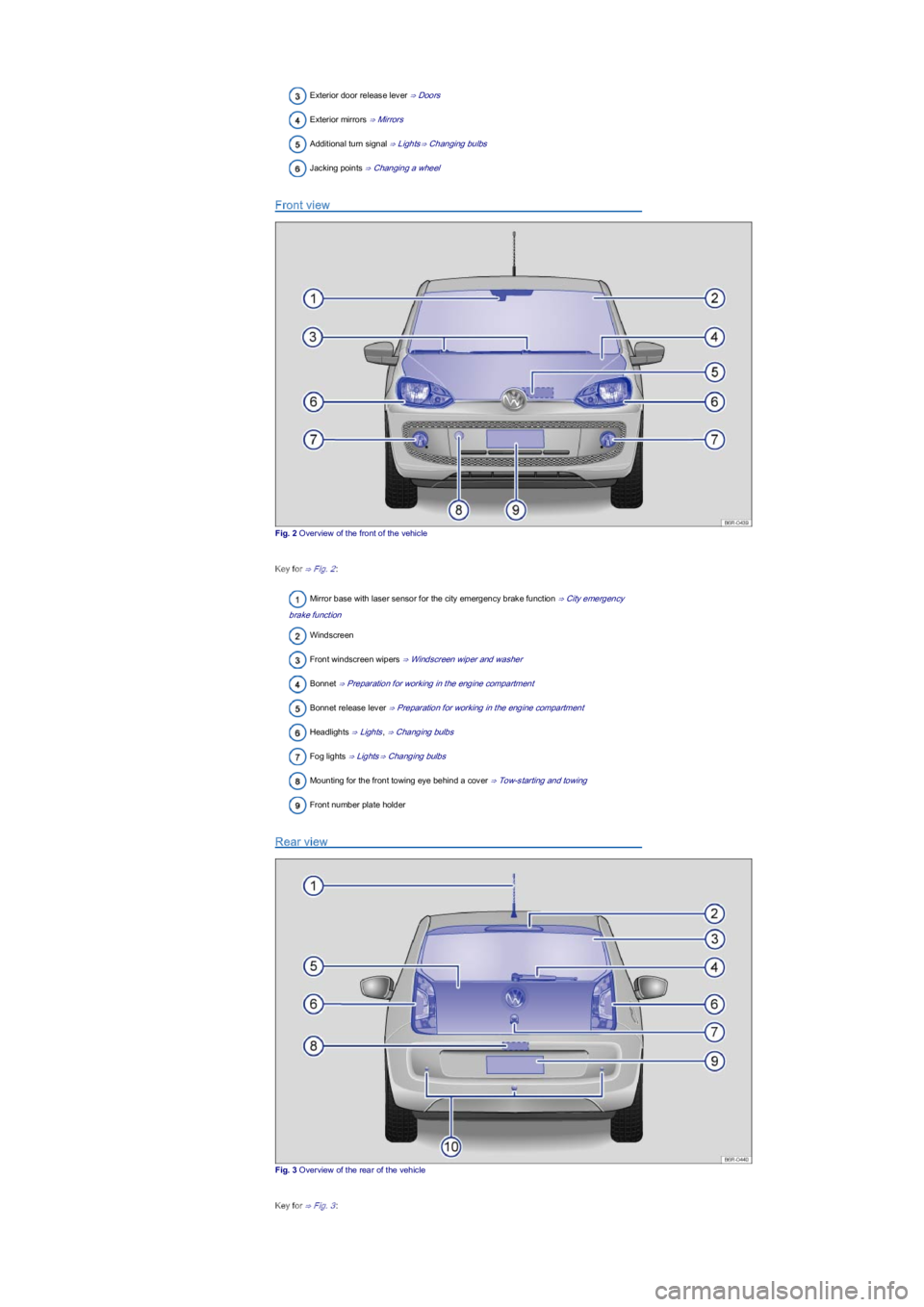 VOLKSWAGEN UP! 2022 Owners Manual Exterior door release lever ⇒ Doors
Exterior mirrors ⇒ Mirrors
Additional turn signal ⇒ Lights⇒ Changing bulbs
Jacking points ⇒ Changing a wheel
Front view
Fig. 2 Overview of the front VOLKSWAGEN UP! 2022 Owners Manual Exterior door release lever ⇒ Doors
Exterior mirrors ⇒ Mirrors
Additional turn signal ⇒ Lights⇒ Changing bulbs
Jacking points ⇒ Changing a wheel
Front view
Fig. 2 Overview of the front
