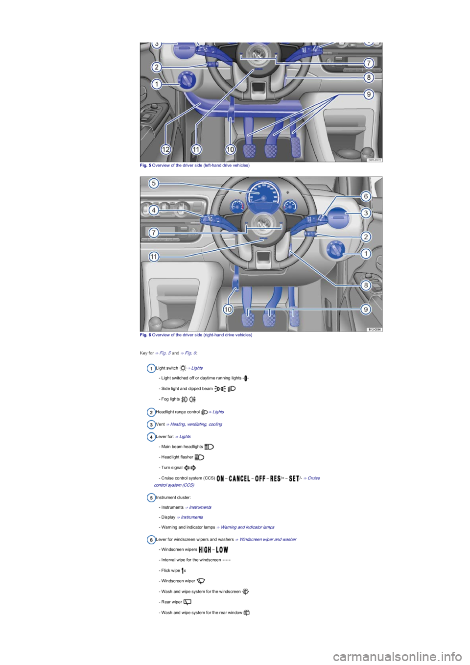 VOLKSWAGEN UP! 2022  Owners Manual Fig. 5 Overview of the driver side (left-hand drive vehiclesyf
Fig. 6 Overview of the driver side (right-hand drive vehiclesyf
Key for ⇒ Fig. 5 and ⇒ Fig. 6:
Light switch ⇒ Lights
- Light 