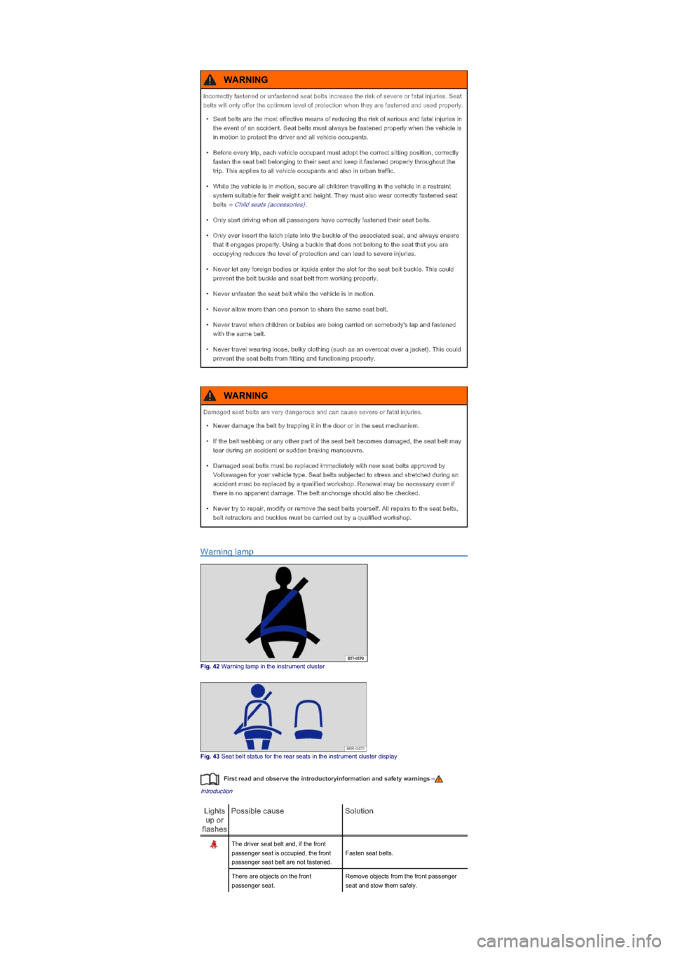 VOLKSWAGEN UP! 2019  Owners Manual Warning lamp
Fig. 42 Warning lamp in the instrument cluster
Fig. 43 Seat belt status for the rear seats in the instrument cluster display
First read and observe the introductoryinformation and safety 