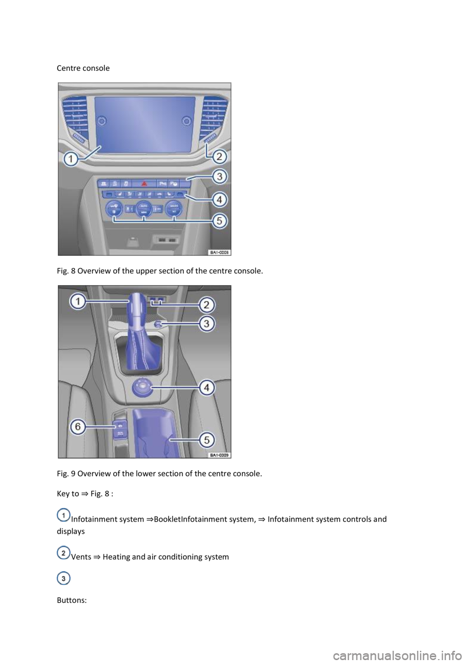 VOLKSWAGEN T-ROC 2022  Owners Manual  
Centre console 
 
Fig. 8 Overview of the upper section of the centre console. 
 
Fig. 9 Overview of the lower section of the centre console. 
Key to Fig. 8 
Infotainment system Infotainment system, 