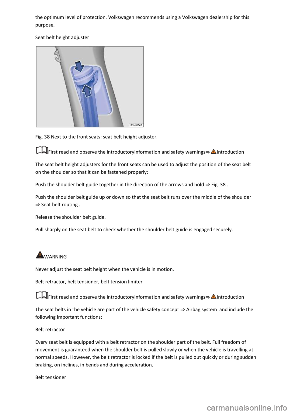 VOLKSWAGEN T-ROC 2020 Repair Manual purpose. 
Seat belt height adjuster 
 
Fig. 38 Next to the front seats: seat belt height adjuster. 
First read and observe the introductoryinformation and safety warnings
The seat belt height adjuster