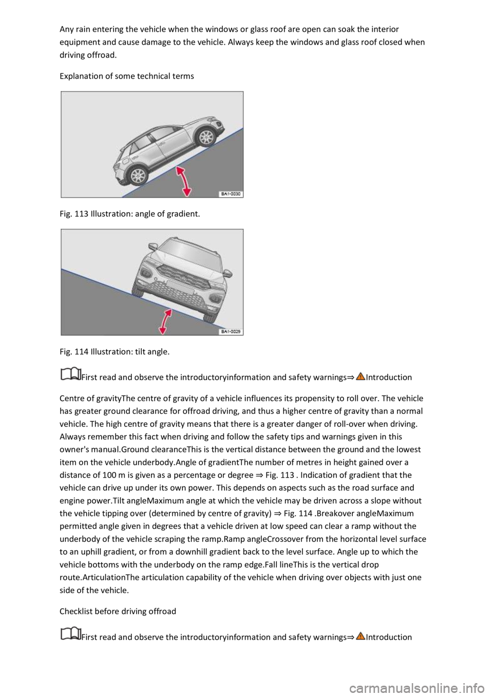 VOLKSWAGEN T-ROC 2019  Owners Manual equipment and cause damage to the vehicle. Always keep the windows and glass roof closed when 
driving offroad. 
Explanation of some technical terms 
 
Fig. 113 Illustration: angle of gradient. 
 
Fig