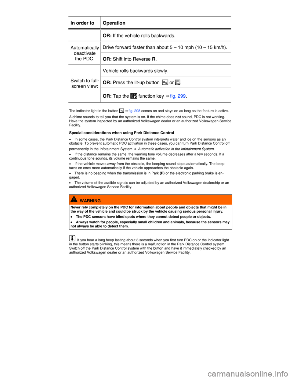 VOLKSWAGEN TOUAREG 2012  Owners Manual  
In order to   Operation  
OR: If the vehicle rolls backwards.  
Automatically 
deactivate 
the PDC:  
Drive forward faster than about 5 – 10 mph (10 – 15 km/h).  
OR: Shift into Reverse R.  
Swi
