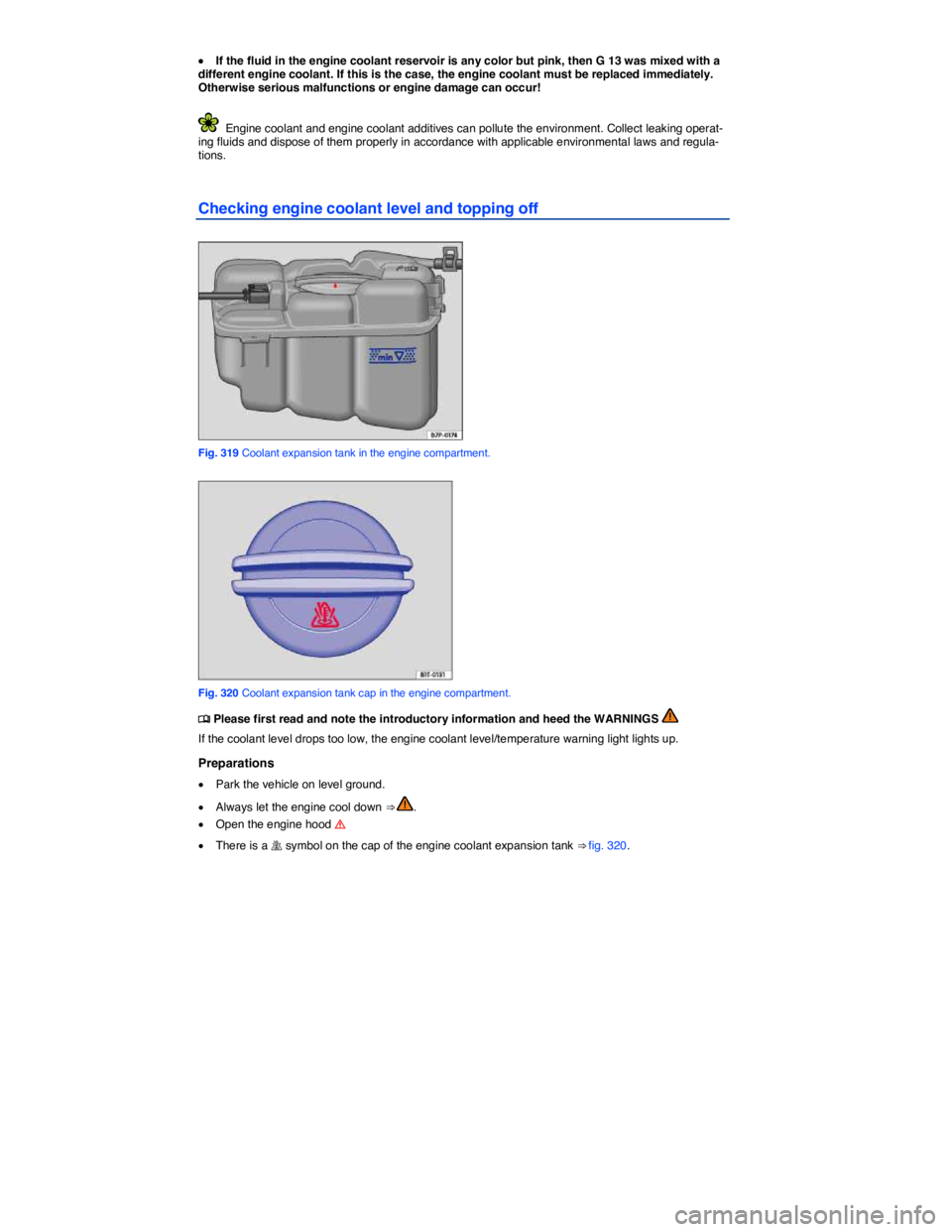 VOLKSWAGEN TOUAREG 2012  Owners Manual  
�x If the fluid in the engine coolant reservoir is any color but pink, then G 13 was mixed with a different engine coolant. If this is the case, the engine coolant must be replaced immediately. Othe