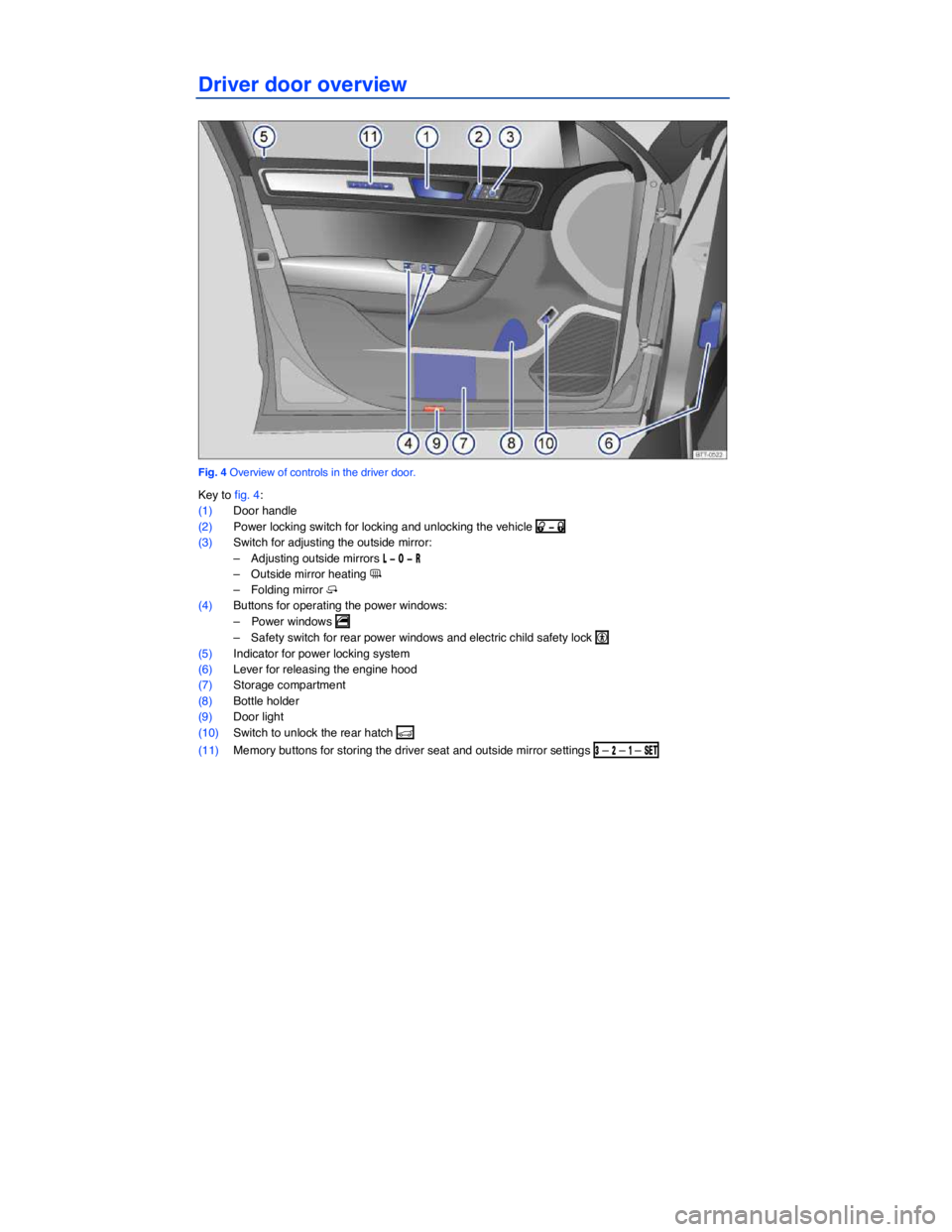 VOLKSWAGEN TOUAREG 2011  Owners Manual  
Driver door overview 
 
Fig. 4 Overview of controls in the driver door. 
Key to fig. 4: 
(1) Door handle  
(2) Power locking switch for locking and unlocking the vehicle �0 �
