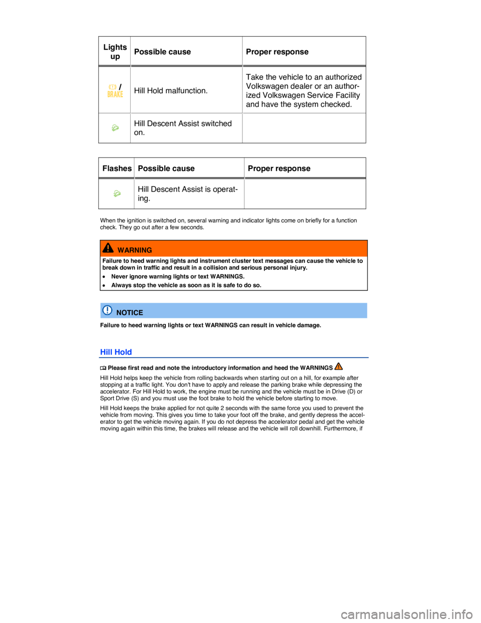 VOLKSWAGEN TOUAREG 2011  Owners Manual  
 
Lights 
up  Possible cause   Proper response  
�H �