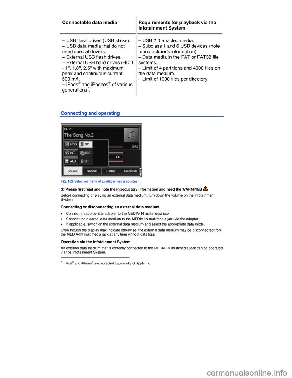 VOLKSWAGEN TOUAREG 2010  Owners Manual  
Connectable data media   Requirements for playback via the 
Infotainment System  
– USB flash drives (USB sticks). 
– USB data media that do not 
need special drivers. 
– External USB flash dr