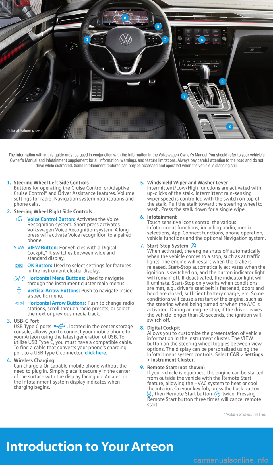 VOLKSWAGEN ARTEON 2020  Owners Manual 1
3
5
The information within this guide must be used in conjunction with the information in the Volkswagen Owner’s Manual. You should refer to your vehicle’s Owner’s Manual and Infotainment supp