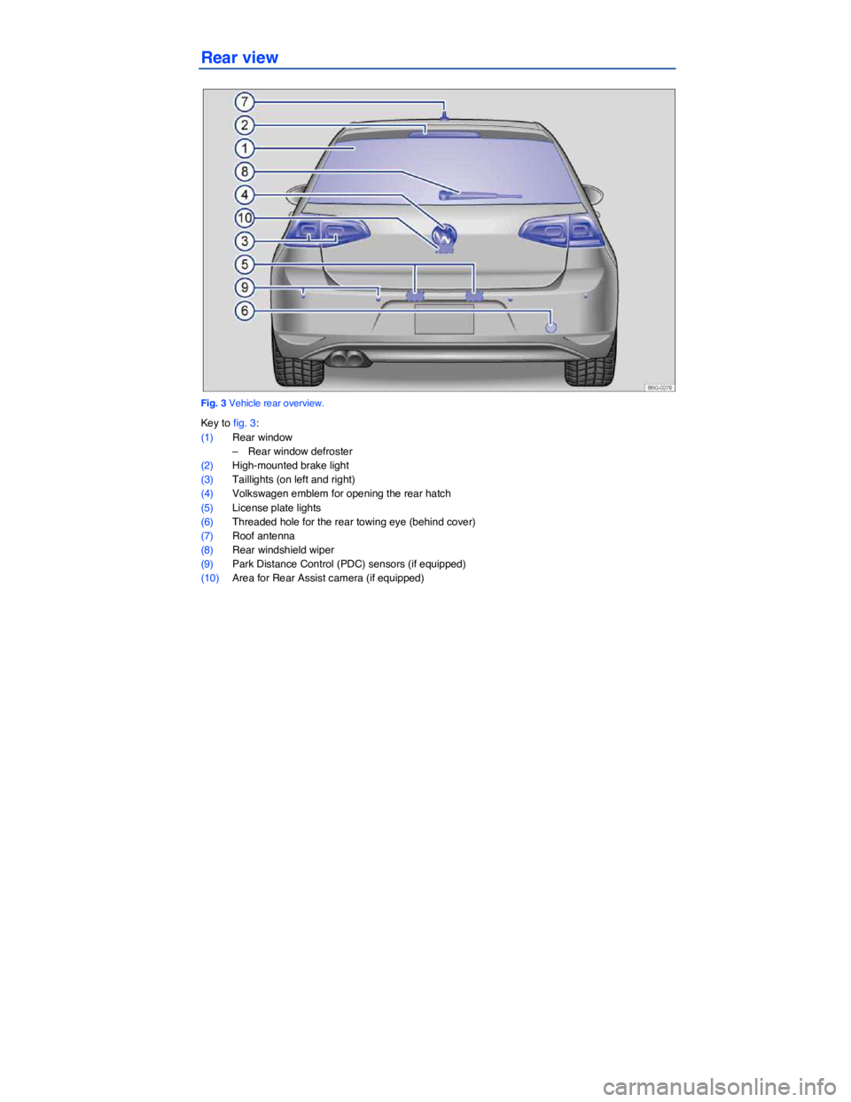 VOLKSWAGEN SCIROCCO 2014  Owners Manual   
Rear view 
 
Fig. 3 Vehicle rear overview. 
Key to fig. 3: 
(1) Rear window 
–  Rear window defroster  
(2) High-mounted brake light  
(3) Taillights (on left and right)  
(4) Volkswagen emblem f