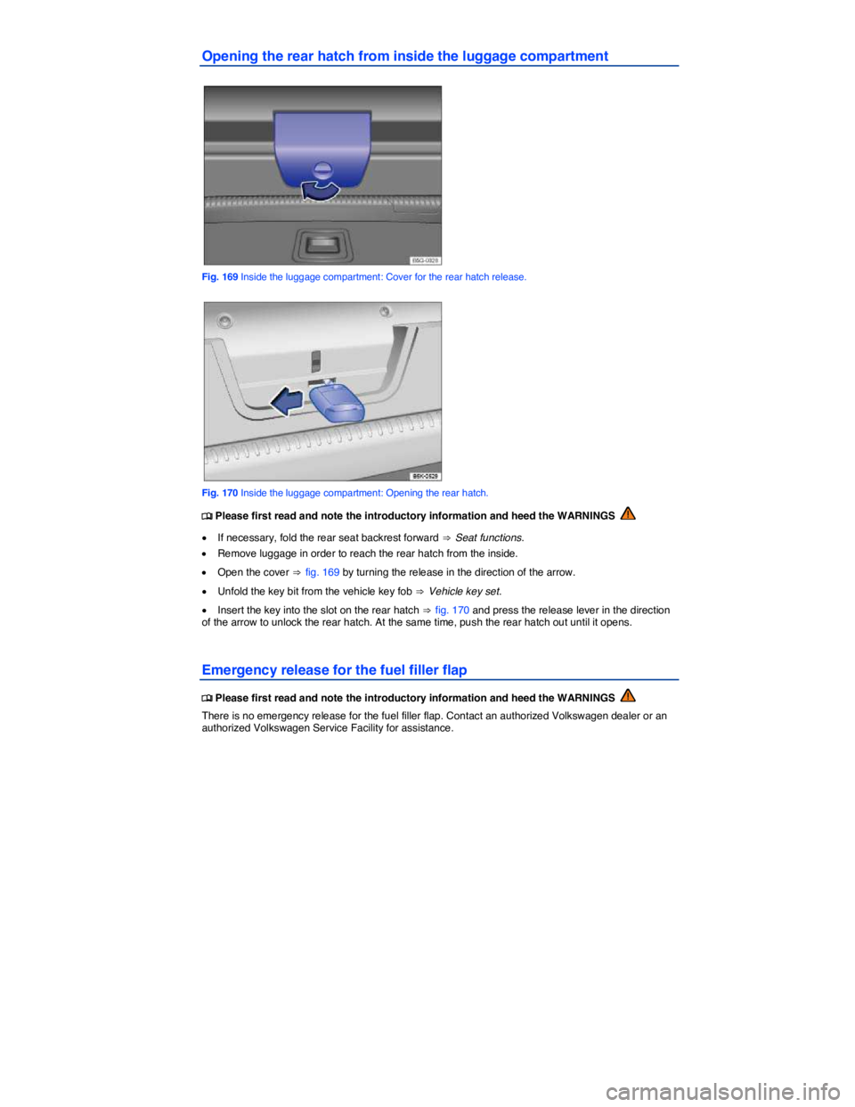 VOLKSWAGEN SCIROCCO 2014  Owners Manual  
Opening the rear hatch from inside the luggage compartment 
 
Fig. 169 Inside the luggage compartment: Cover for the rear hatch release. 
 
Fig. 170 Inside the luggage compartment: Opening the rear 