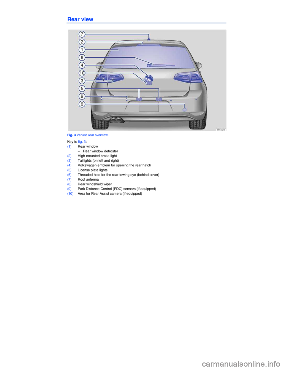 VOLKSWAGEN SCIROCCO 2013  Owners Manual   
Rear view 
 
Fig. 3 Vehicle rear overview. 
Key to fig. 3: 
(1) Rear window 
–  Rear window defroster  
(2) High-mounted brake light  
(3) Taillights (on left and right)  
(4) Volkswagen emblem f