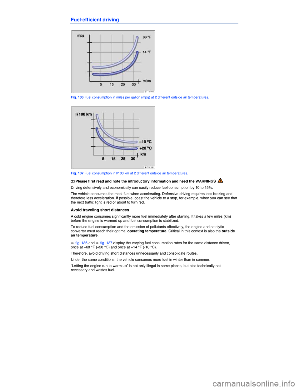 VOLKSWAGEN SCIROCCO 2013  Owners Manual  
Fuel-efficient driving 
 
Fig. 136 Fuel consumption in miles per gallon (mpg) at 2 different outside air temperatures. 
 
Fig. 137 Fuel consumption in l/100 km at 2 different outside air temperature
