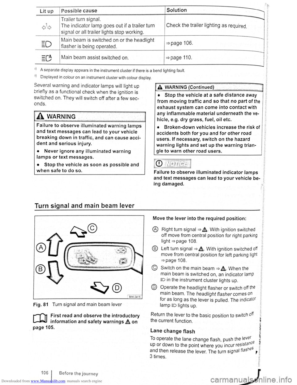 VOLKSWAGEN SCIROCCO 2012  Owners Manual Downloaded from www.Manualslib.com manuals search engine Lit up Possible cause Solution 
Tr ailer  turn signal. -...... 
Q\~ The indica tor lamp goe s out if a tra iler  turn Check  the  trailer  l ig