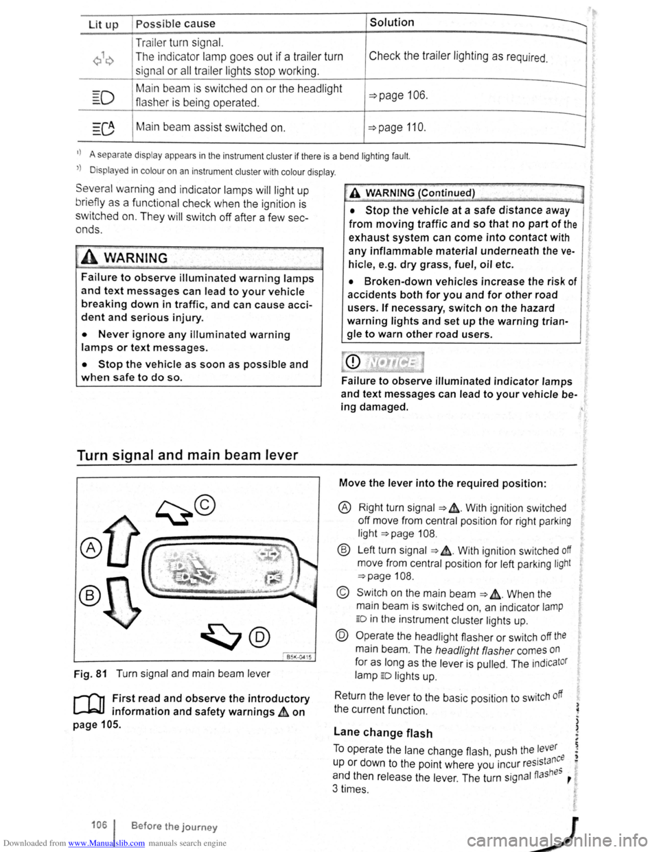 VOLKSWAGEN SCIROCCO 2009  Owners Manual Downloaded from www.Manualslib.com manuals search engine Lit up Possible cause Solution 
Tr ailer  turn signal. -...... 
Q\~ The indica tor lamp goe s out if a tra iler  turn Check  the  trailer  l ig