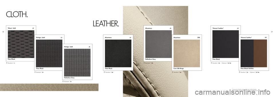 VOLKSWAGEN SHARAN 2020 User Guide ‘Vienna’ leather†     JJ
Titan Black 
‘Vienna’ leather†     XY
Titan Black/Buffalo Alcantara          JJ
Titan Black 
‘Move’ cloth         JJ
Titan Black
‘Bridge’ cloth          JJ