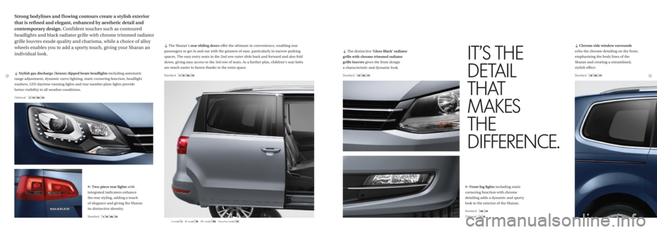 VOLKSWAGEN SHARAN 2020  Owners Manual 1213
d The Sharan’s rear sliding doors offer the ultimate in convenience, enabling rear 
passengers to get in and out with the greatest of ease, particularly in narrow parking 
spaces. The easy entr