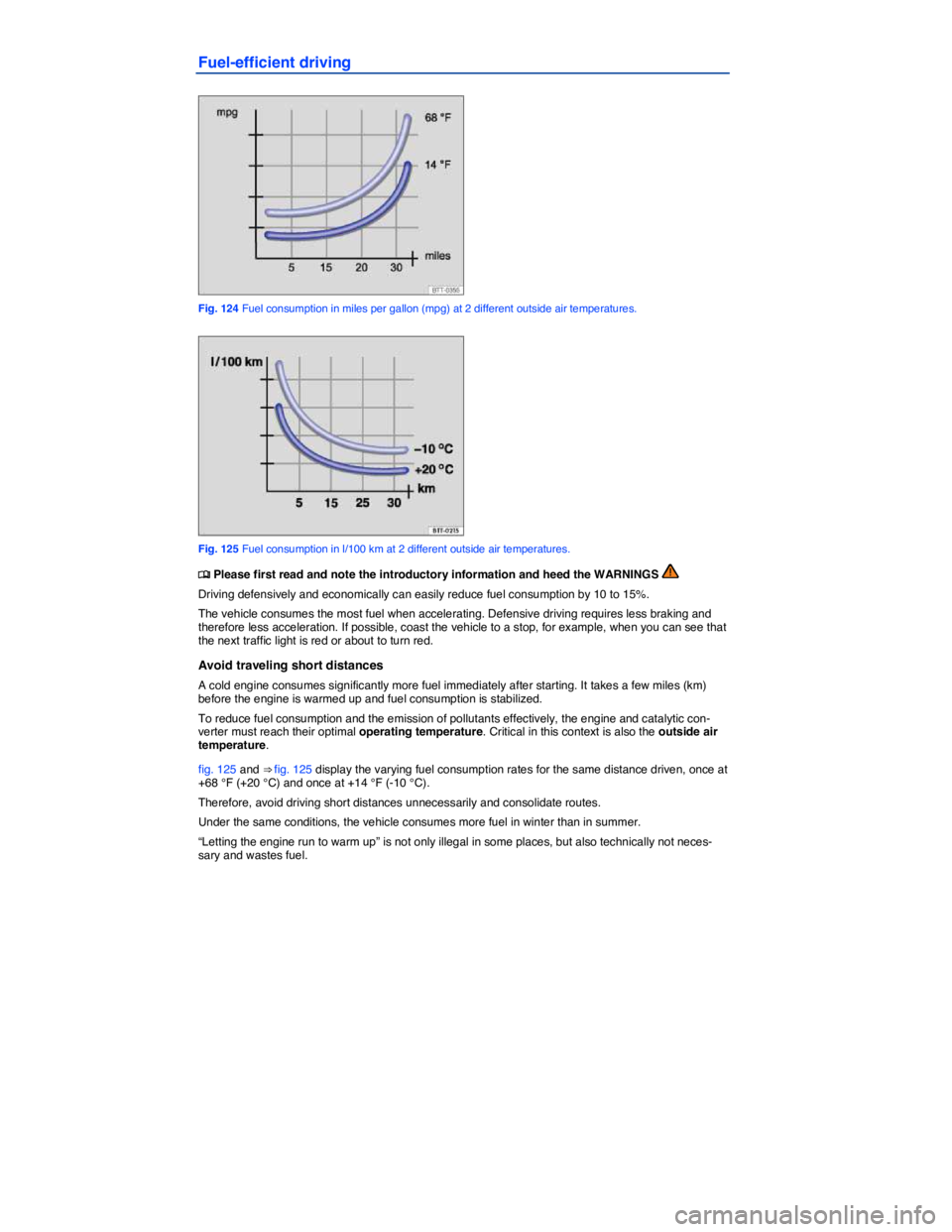 VOLKSWAGEN BEETLE 2019  Owners Manual  
Fuel-efficient driving 
 
Fig. 124 Fuel consumption in miles per gallon (mpg) at 2 different outside air temperatures. 
 
Fig. 125 Fuel consumption in l/100 km at 2 different outside air temperature
